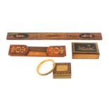 Sorrento ware - five pieces, comprising a rectangular box, the lid with marquetry panel of a