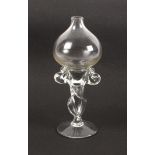 A glass lace makers lamp, 19th Century, the circular base to an ornate open barley twist pedestal