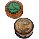 Tunbridge ware - a rare whitewood and print decorated cylinder waxer and another, one side with a