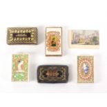 Five needle packet boxes and a print, comprising a red leather example with gilt tooled decoration