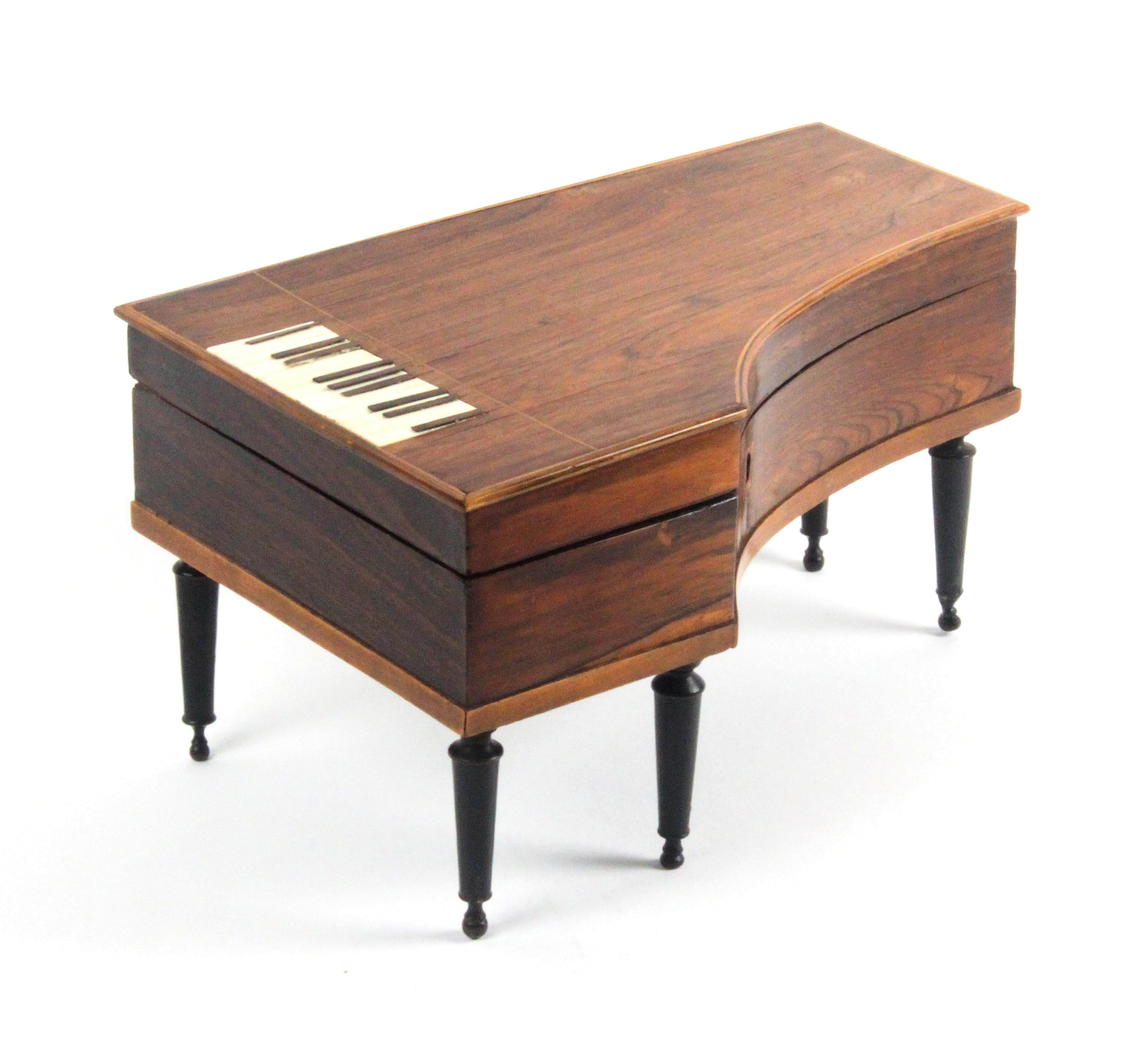 A mid 19th Century French musical sewing box in the form of a grand piano, the rosewood case with