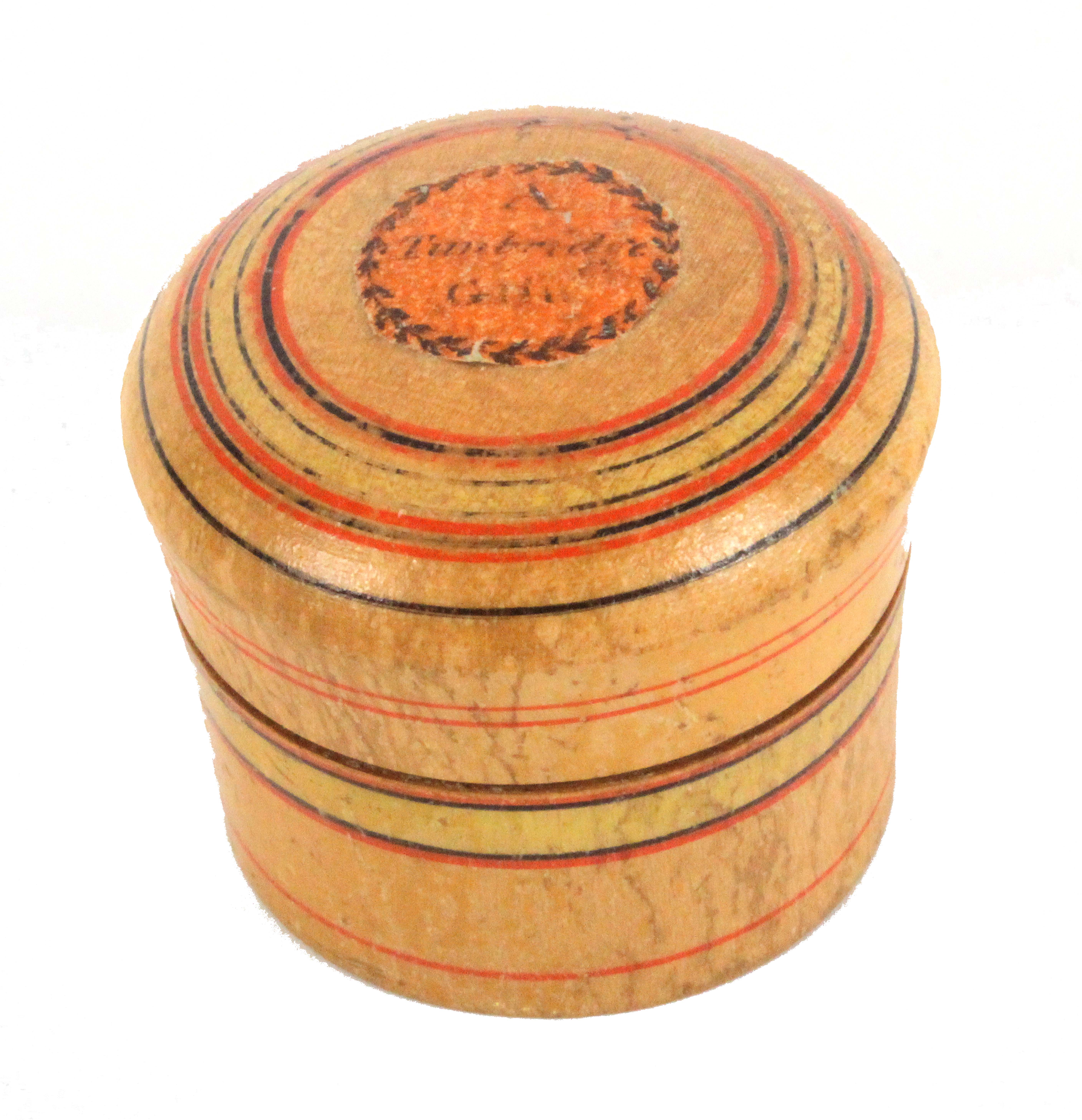 Tunbridge ware - a whitewood line painted dome top pin poppet, the lid with circular printed