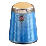 A Norwegian silver and enamel thimble, the blue ground with two small pink roses below the apex,