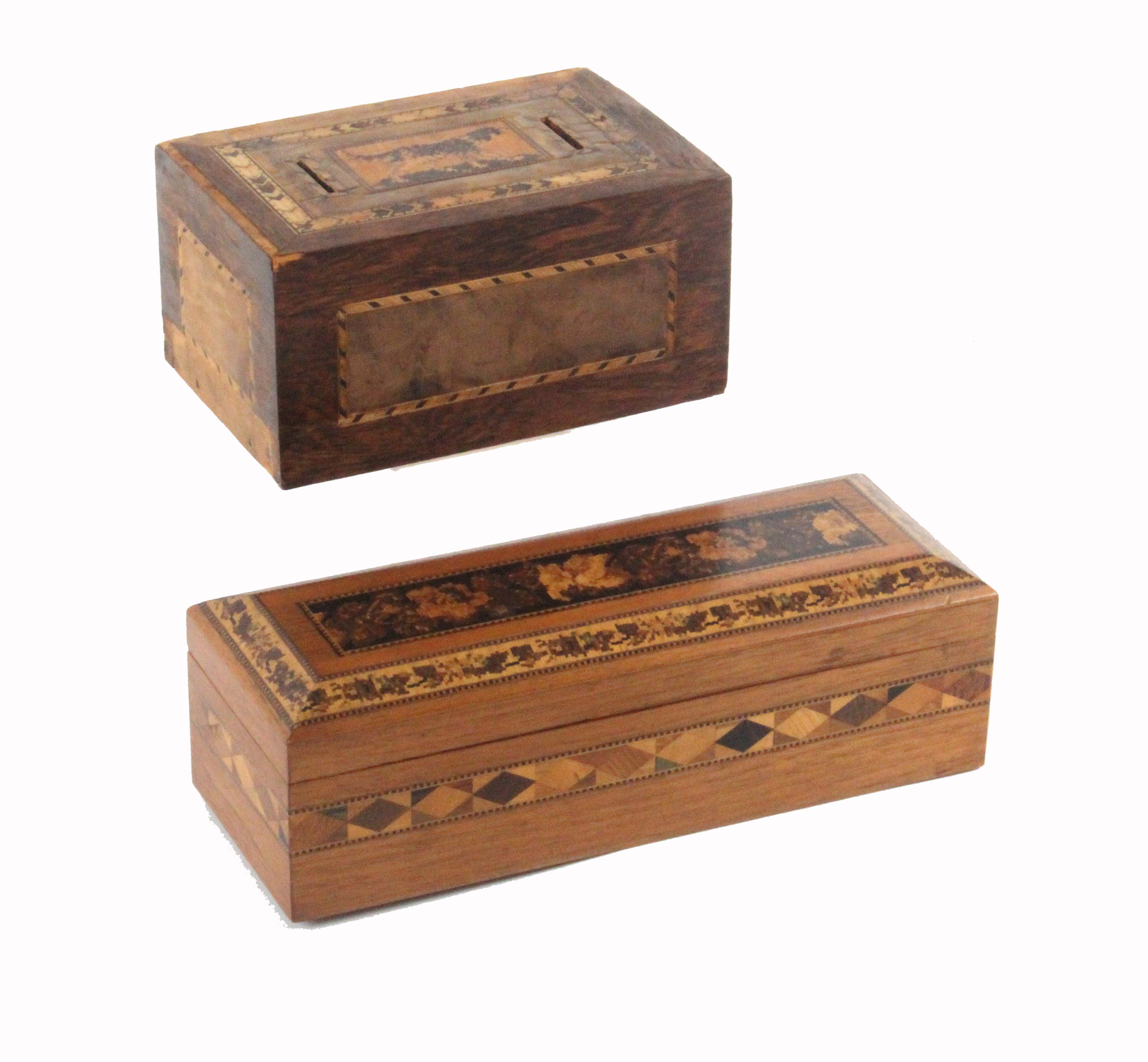 Two Tunbridge ware boxes, comprising a late rectangular example the lid with a panel of floral