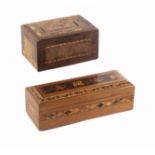 Two Tunbridge ware boxes, comprising a late rectangular example the lid with a panel of floral