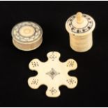 Three 19th Century Anglo Indian ivory sewing pieces with burnt circle decoration, comprising a