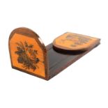 A rosewood Tunbridge ware book slide, curved hinged ends, one with inset panel of a stag in a wooded