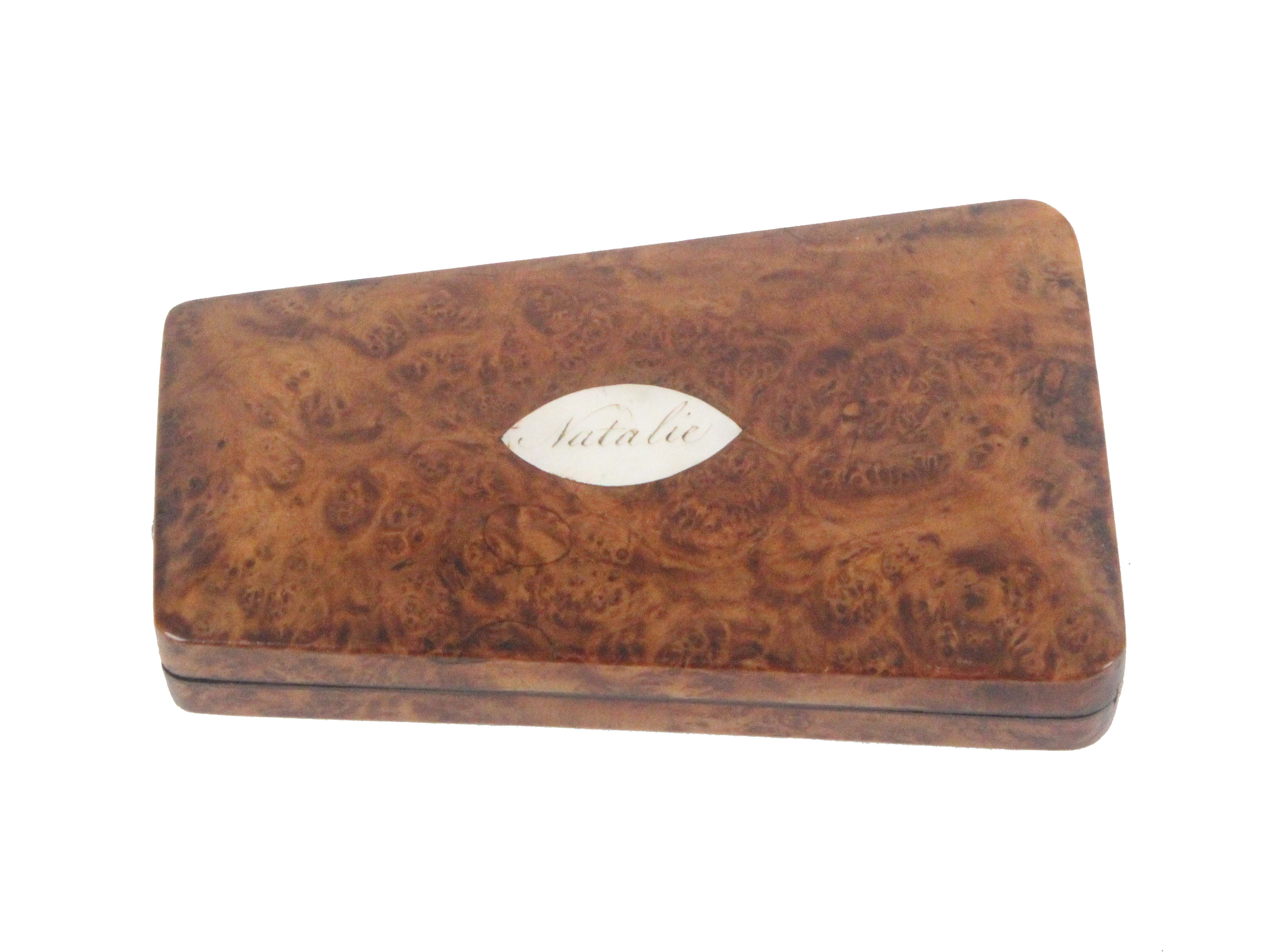 A fine French Palais Royal etui, circa 1850, the burr yew wood case of tapering form the lid with an - Image 2 of 2