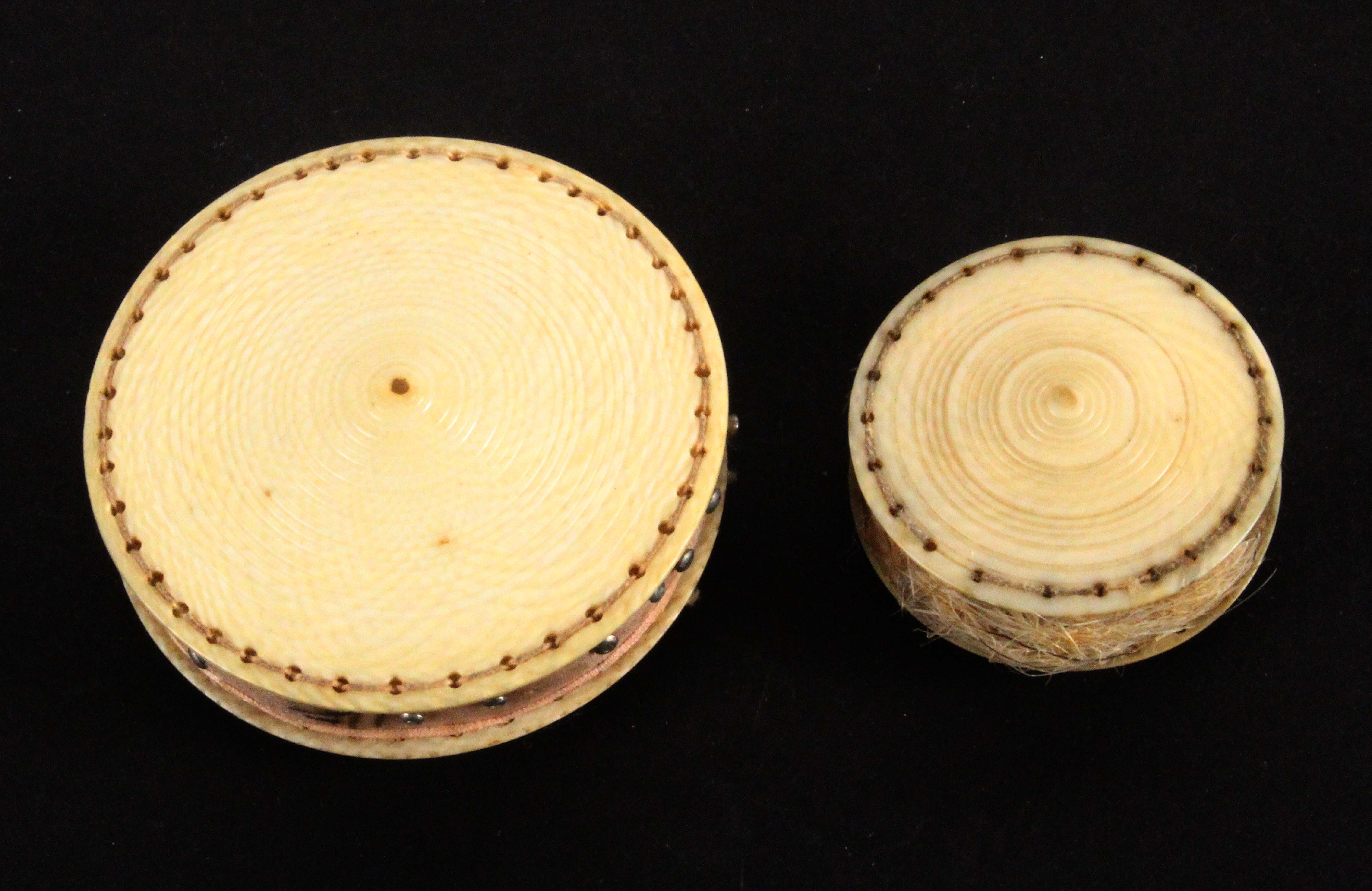 Two early 19th Century ivory disc form pin cushions, comprising an example engraved to one side with - Image 2 of 2