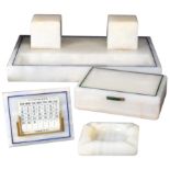 Asprey - London, white onyx desk accessories, including a pen stand with original water colour