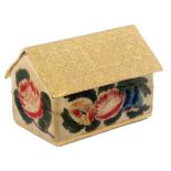 A rare Regency gilt foil and velvet painted child's sewing box in the form of a house, the front and