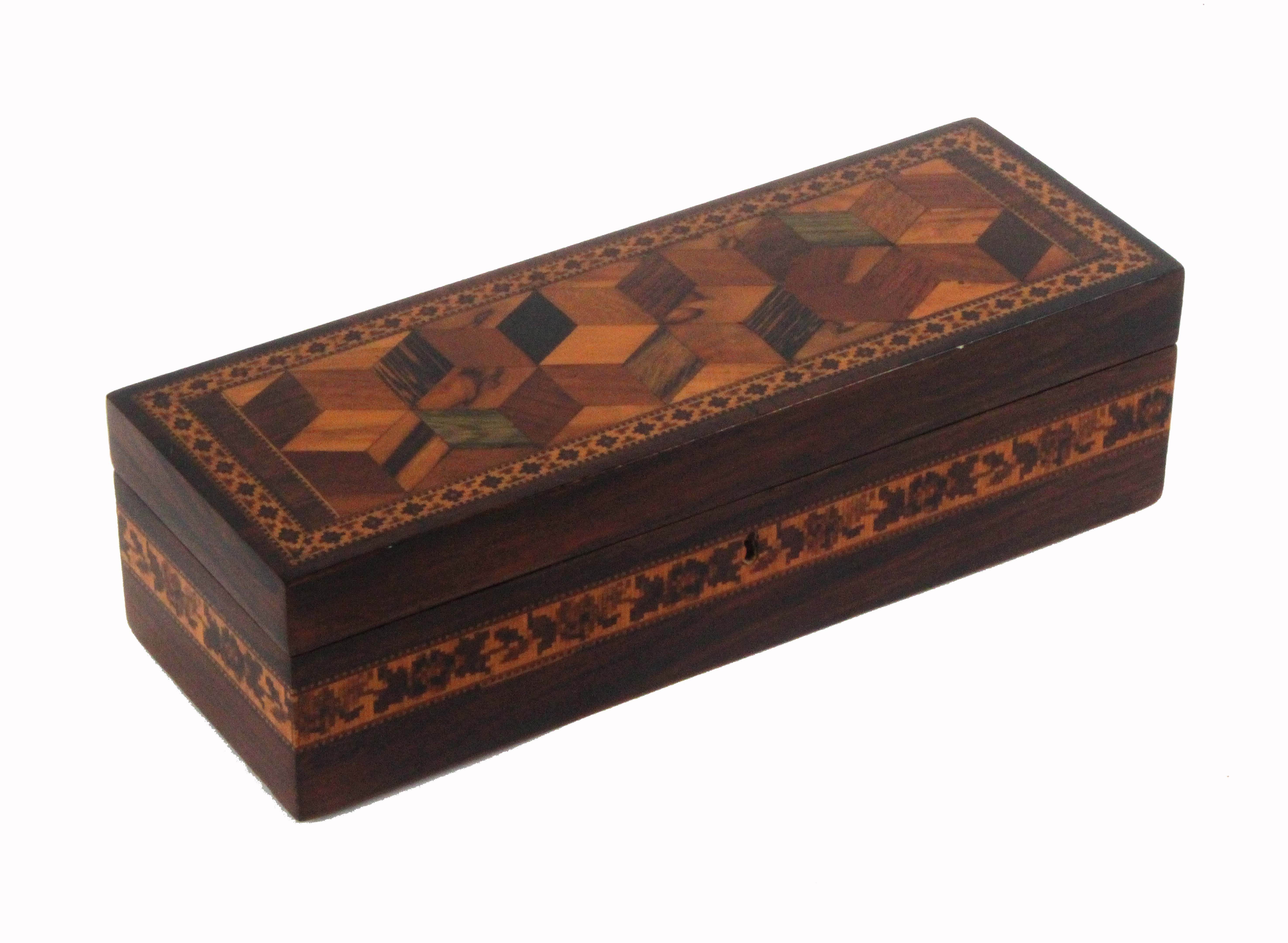 A rosewood Tunbridge ware rectangular box, the lid with a panel of cube work within a geometric