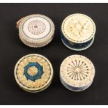 Four 19th Century bone and ivory disc form pin cushions, comprising a bone example with carved