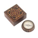 A Tunbridge ware box and a compass, the rosewood box with pull off lid with a central panel of