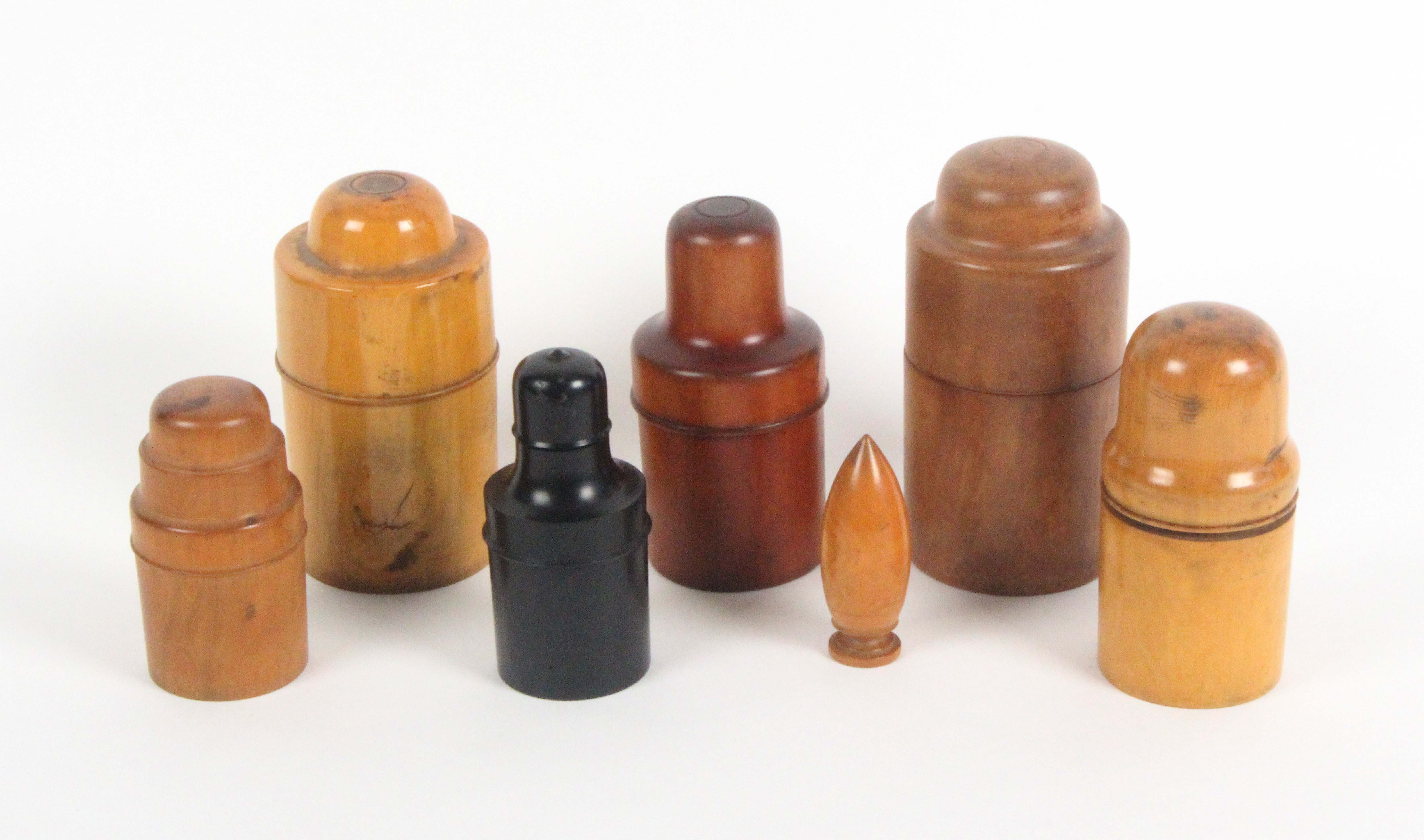 Six 19th Century chemists turned wooden bottle cases, mostly in boxwood with examples stamped for