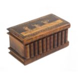 A late 19th Century Sorrento ware 'book' box, the book form lid with a marquetry panel of three