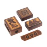 Tunbridge ware - four pieces, comprising a mahogany match box holder, one side with a floral