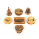 Mauchline ware - sewing, seven pieces comprising a thimble acorn (Interior Of Kirkby Lonsdale
