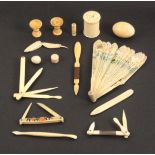 A mixed lot, mostly 19th Century bone and ivory including a damaged fan, 13.5cms, an egg form