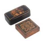 Two Tunbridge ware boxes, comprising a papier mache snuff box the lid with a fine inset mosaic