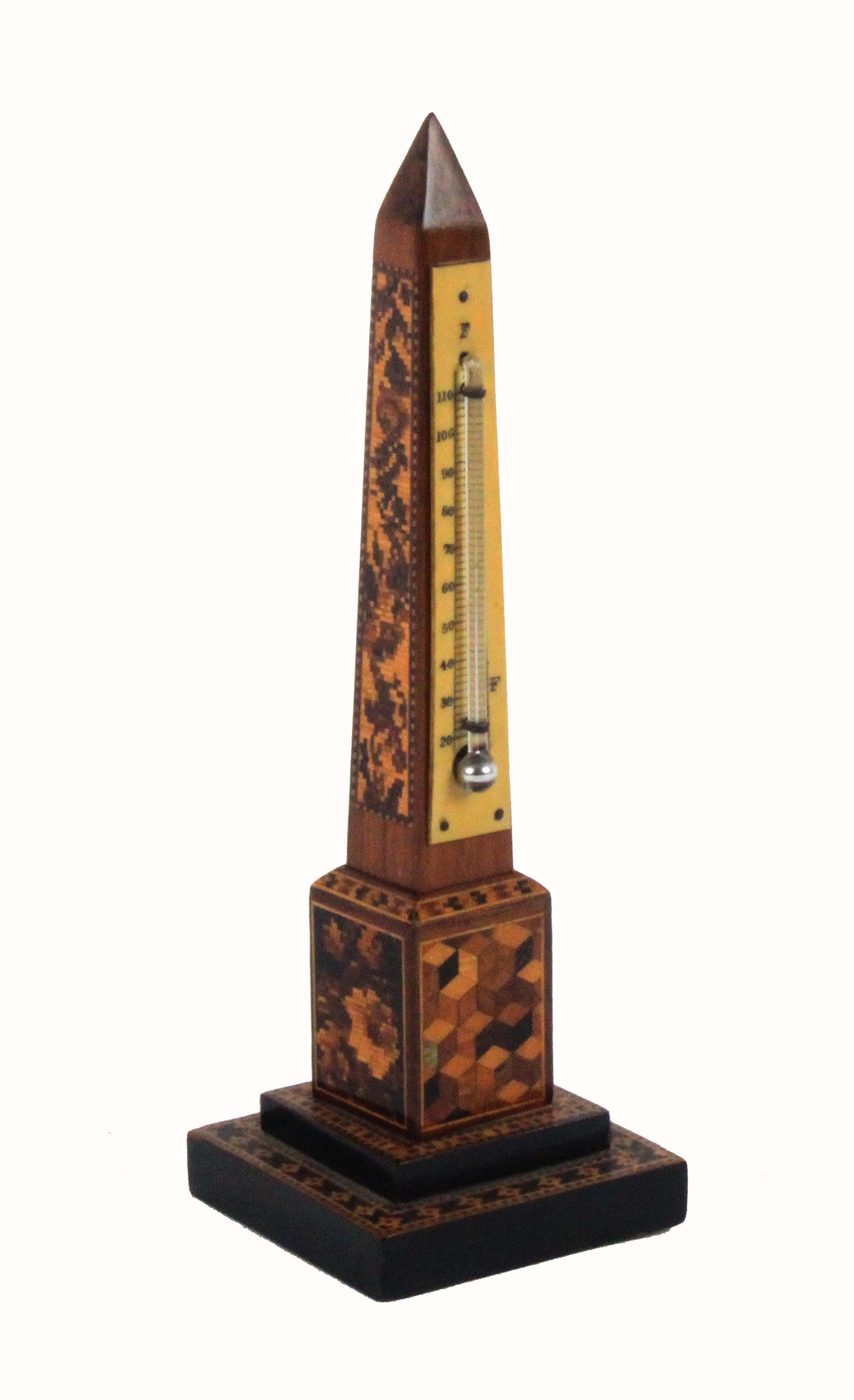 A Tunbridge ware obelisk form desk thermometer, the stepped base with bands of mosaic the pedestal