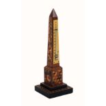 A Tunbridge ware obelisk form desk thermometer, the stepped base with bands of mosaic the pedestal