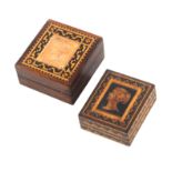 Two Tunbridge ware stamp boxes, both rectangular, comprising an example with Q.V. young head in fine