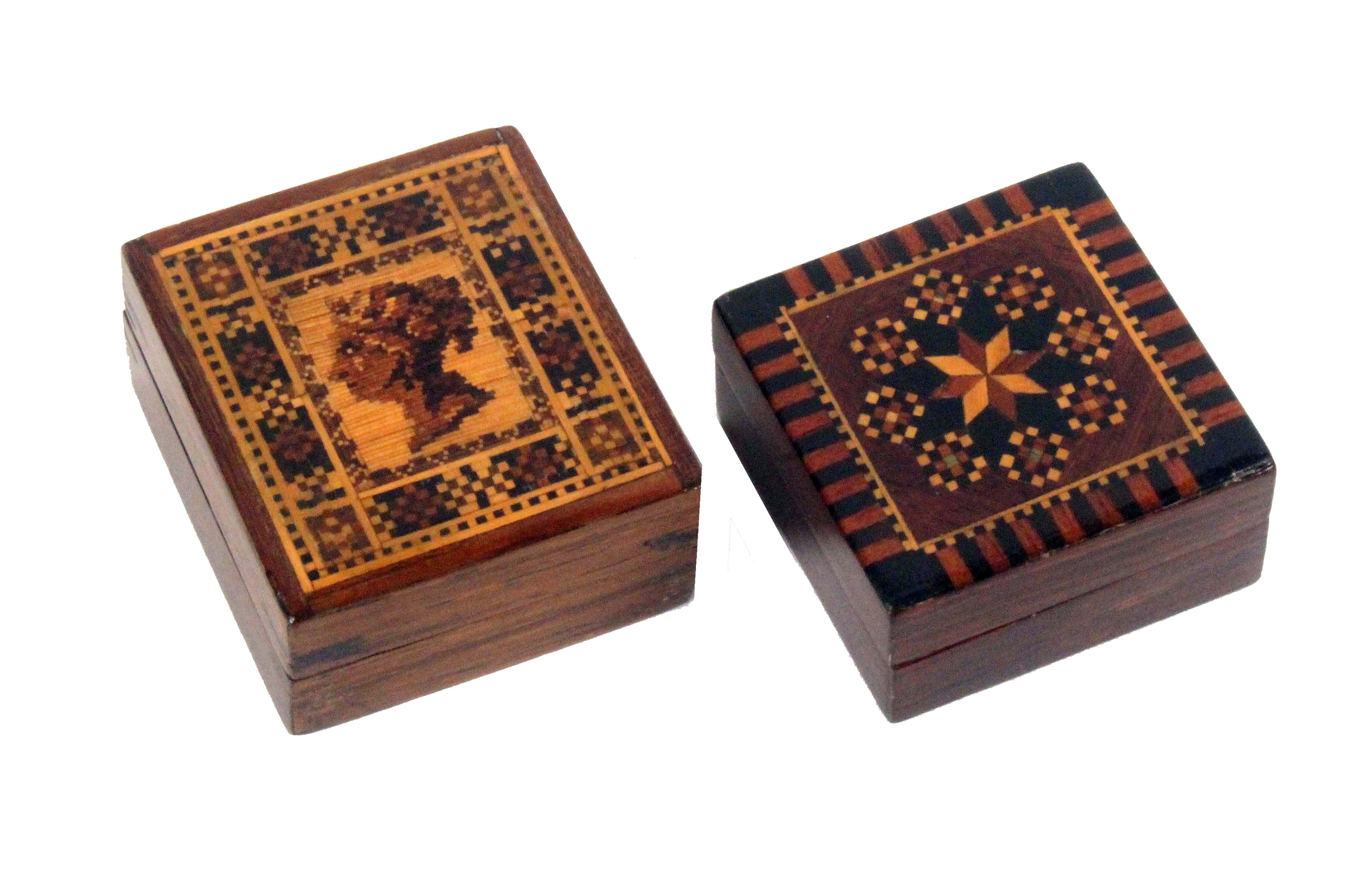 Two rosewood Tunbridge ware stamp boxes, comprising a rectangular example, the lid in very fine