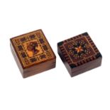 Two rosewood Tunbridge ware stamp boxes, comprising a rectangular example, the lid in very fine