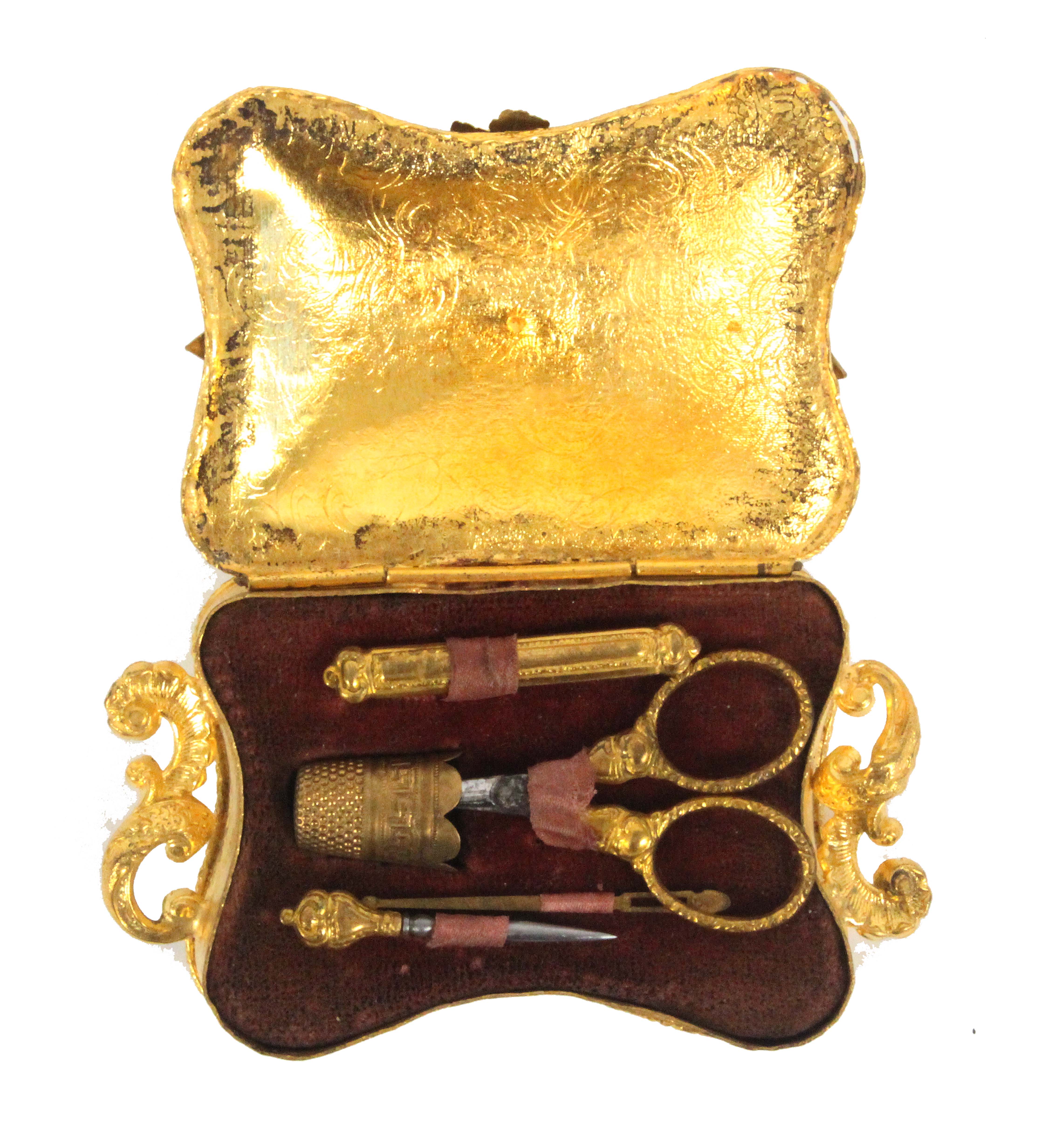 An elaborate French gilded metal sewing set for a child, or doll,circa 1870, the case of inward - Image 3 of 3