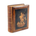 A Sorrento ware photograph album, circa 1880, leather spine, the cover with a marquetry panel of a