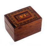 A Tunbridge ware mahogany box, the pull off lid with a central mosaic panel 'RYE' within mosaic