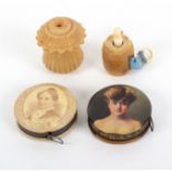 Four tape measures, comprising a circular retractable example advertising Lydia E. Pinkmans