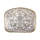An attractive 19th Century mother of pearl mounted purse, one side inlaid in silver with engraved
