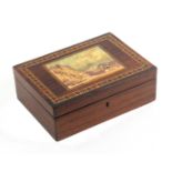 A Tunbridge ware rosewood rectangular box, the lid with a partly coloured photographic view labelled