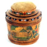 An early Tunbridge ware white wood box base pin cushion, of tapering cylinder form, brightly painted