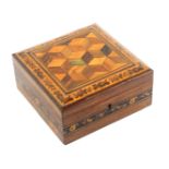 A Tunbridge ware rosewood handkerchief box, the sides with a band of floral mosaic, the cushion