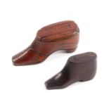 Two 19th Century shoe form snuff boxes, comprising a mahogany example with flattened toe cap with