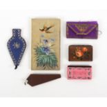 Six needle books, comprising a French pink lacquer and metal inlaid example inscribed 'Ménagére',