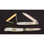 Two silver blade fruit knives and another pocket knife, the fruit knives with mother of pearl