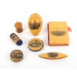 Mauchline ware - sewing, seven pieces comprising a needle book (Coutainville - Manche), 8cms, a