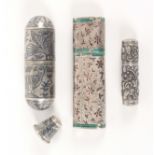 Three silver bodkin and needle cases, comprising a niello decorated cylinder example with domed