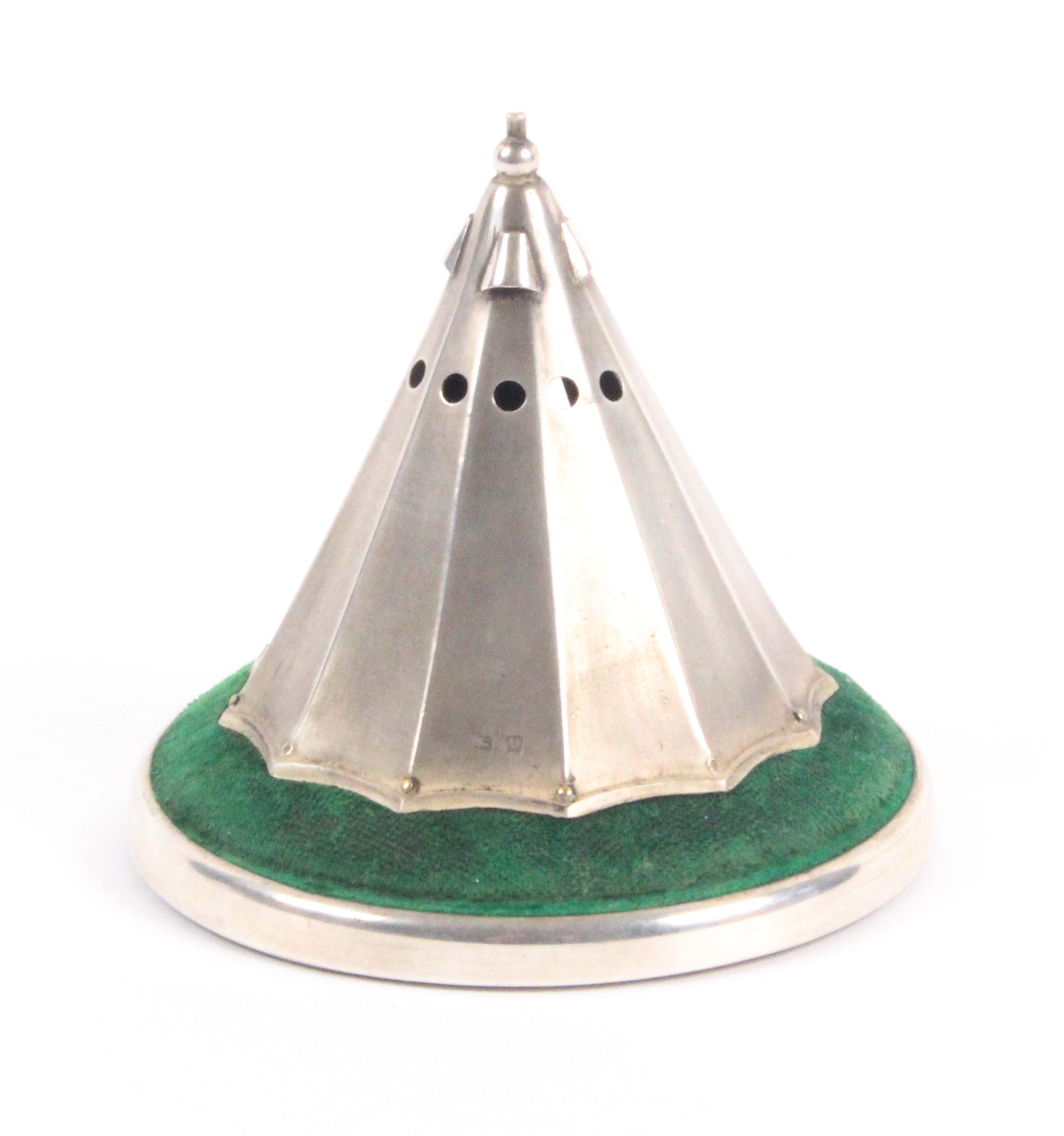 A rare silver pin cushion and hat pin stand in the form of a military bell tent, on green velvet - Image 2 of 2