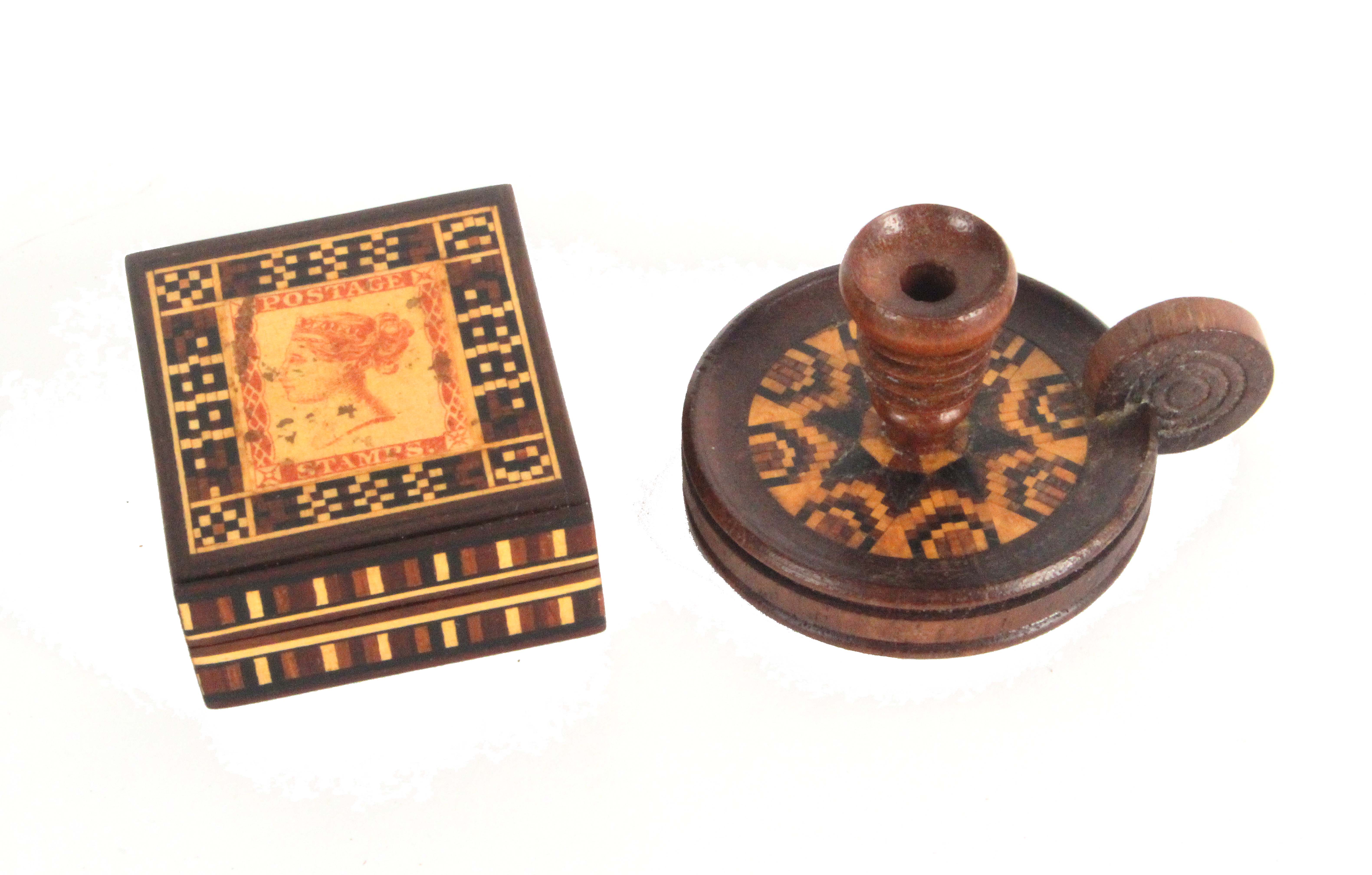 Tunbridge ware - two pieces, comprising a rectangular stamp box the lid with print of young Victoria