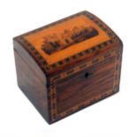 A Tunbridge ware rosewood tea caddy, the front with a narrow band of geometric mosaic, the curved