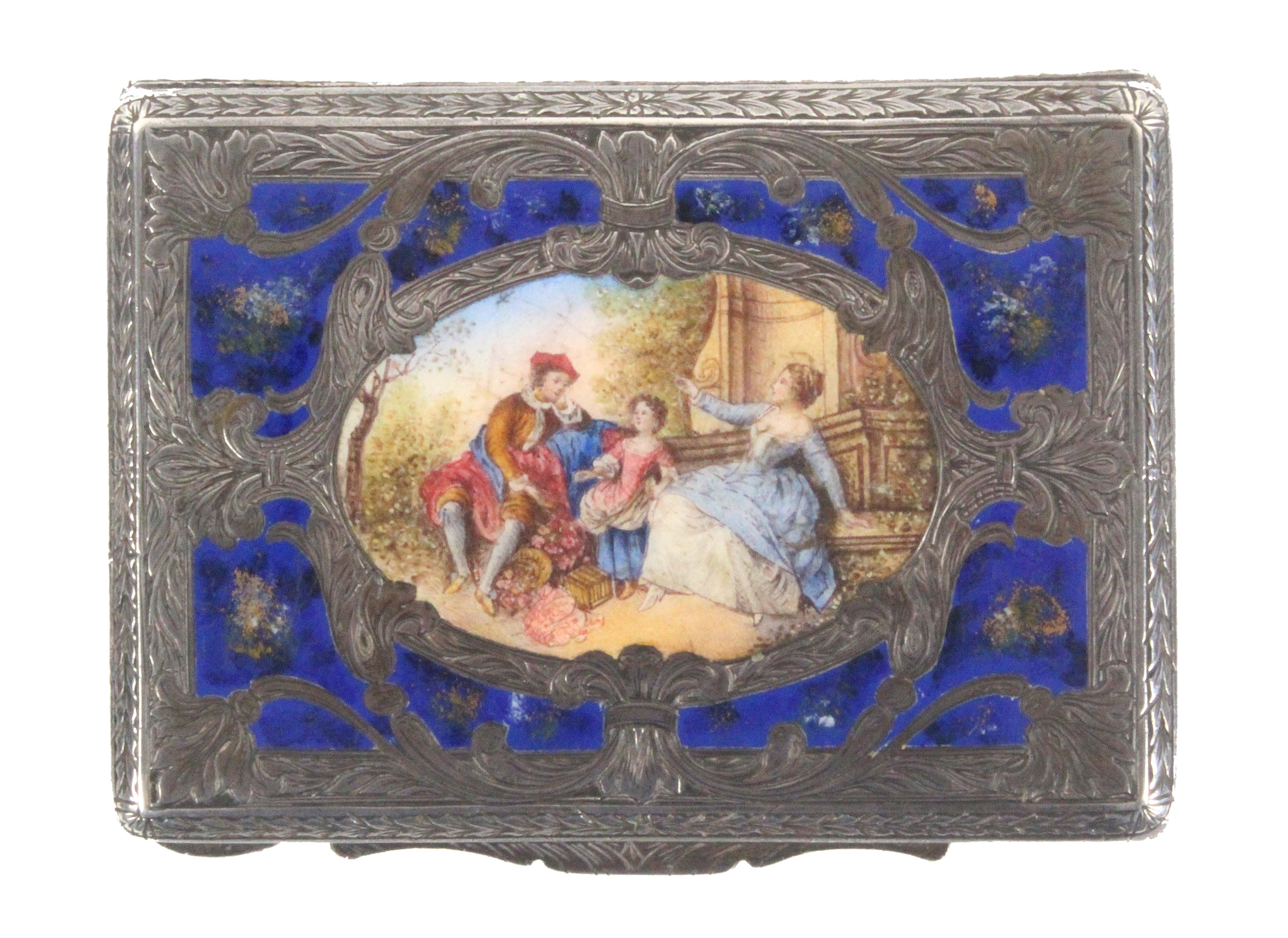 A late 19th Century continental silver and enamel rectangular box, the lid in blue enamel with