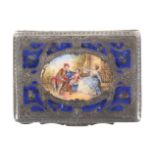 A late 19th Century continental silver and enamel rectangular box, the lid in blue enamel with