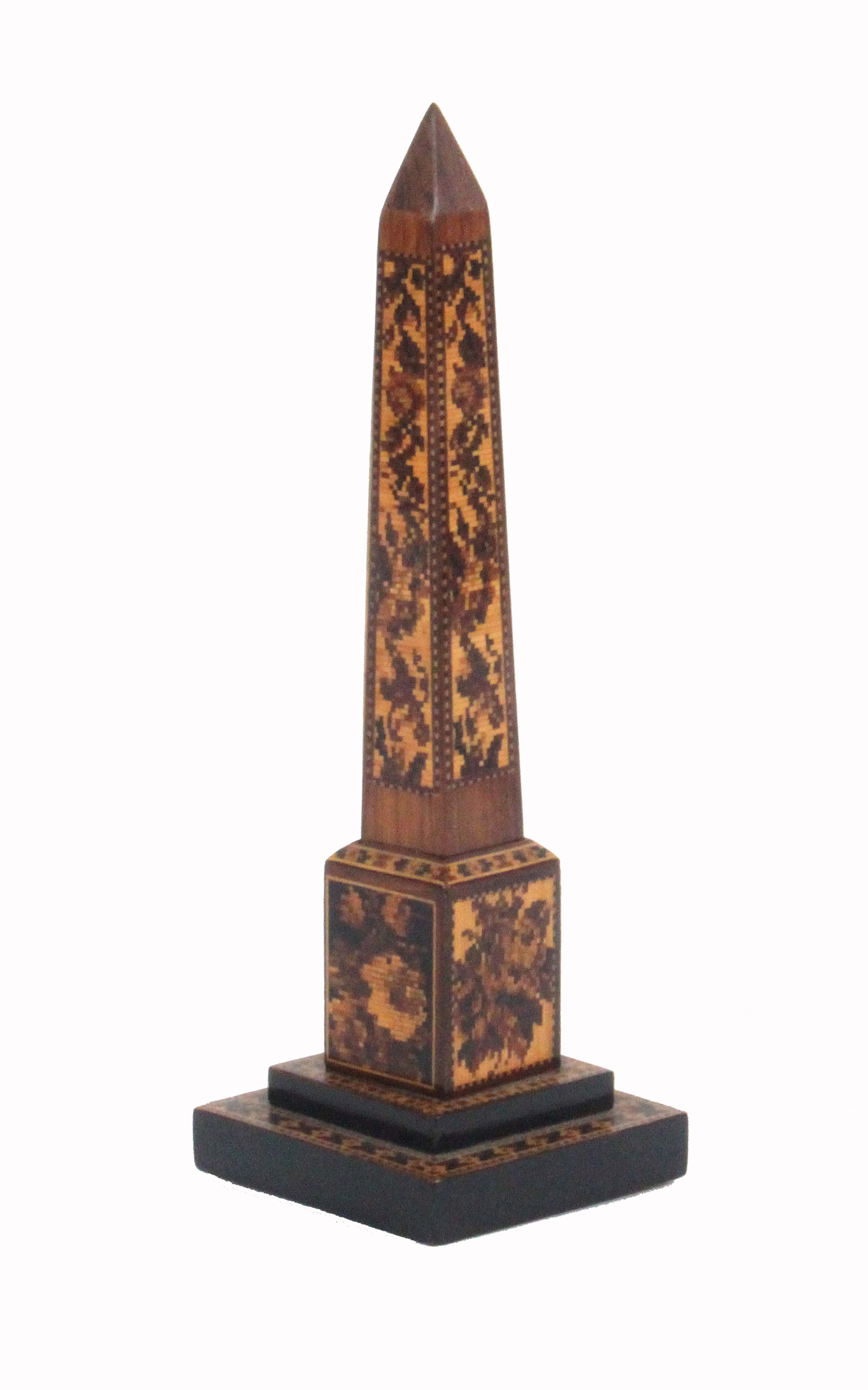 A Tunbridge ware obelisk form desk thermometer, the stepped base with bands of mosaic the pedestal - Image 2 of 2