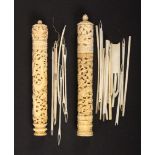 Two Chinese 19th Century ivory netting cases, complete with tools each of tapering cylinder form and