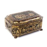 An Anglo-Chinese export sewing box, circa 1820, of cut corner sarcophagal form decorated in gilt and